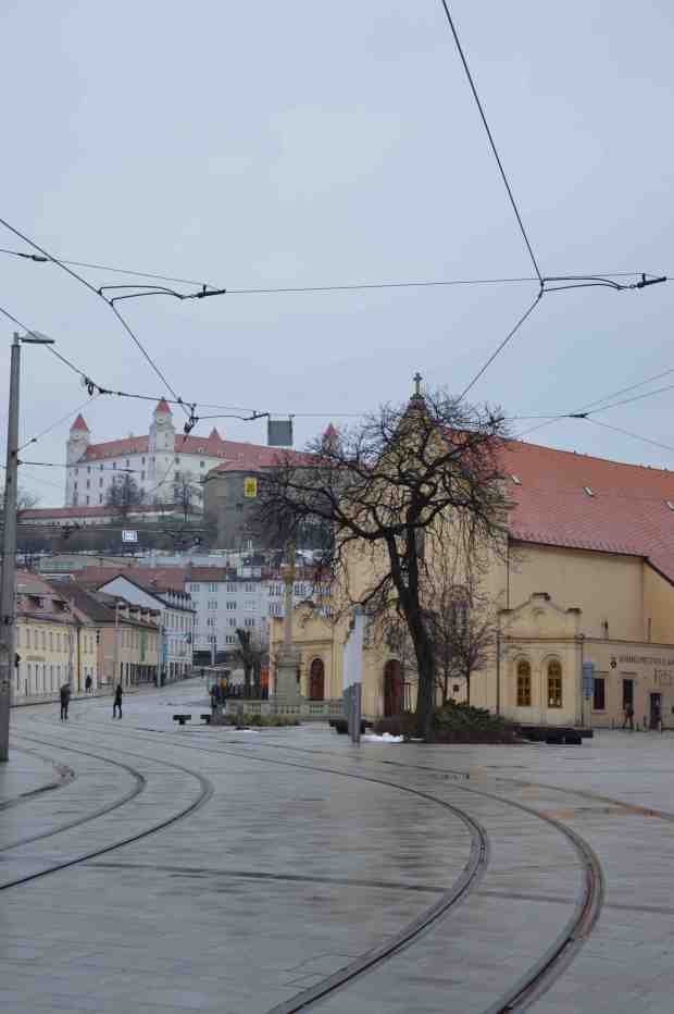 Shot of Bratislava Castle from town. 